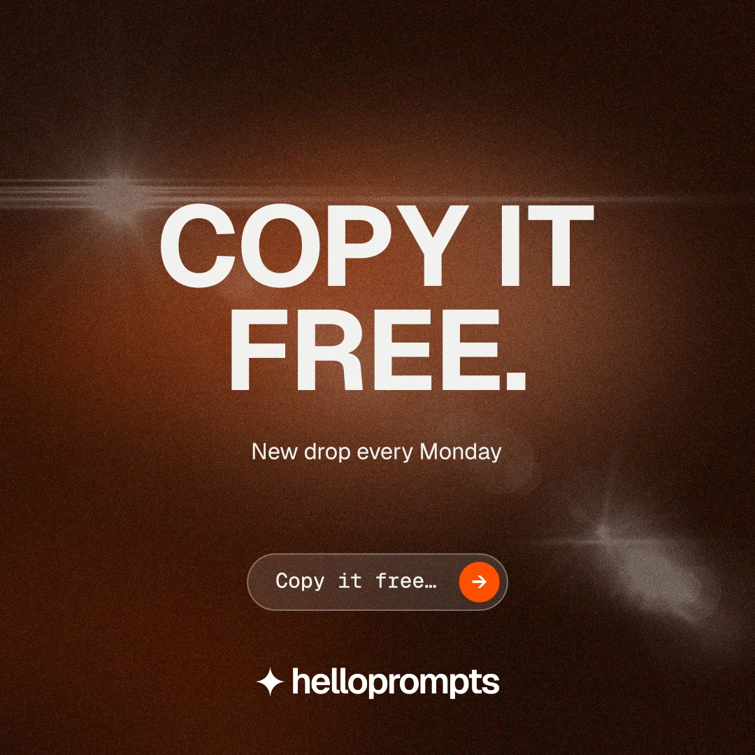 Instagram post for HelloPrompts: "Copy it free." Agentic glass style, centred layout, dark palette in black, orange.