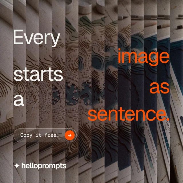 Instagram post for HelloPrompts: "Every image starts as a sentence." Agentic glass style, stacked layout, dark palette in orange, black, grey.