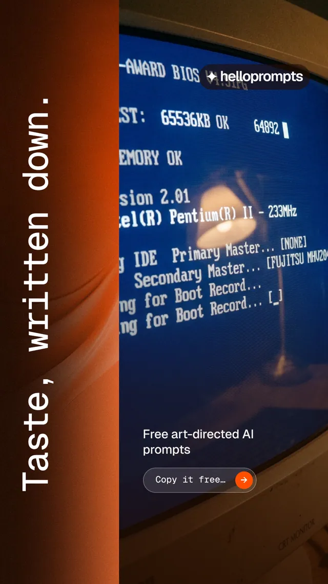 Instagram story for HelloPrompts: "Taste, written down." Agentic glass style, vertical layout, dark palette in orange, blue, red.