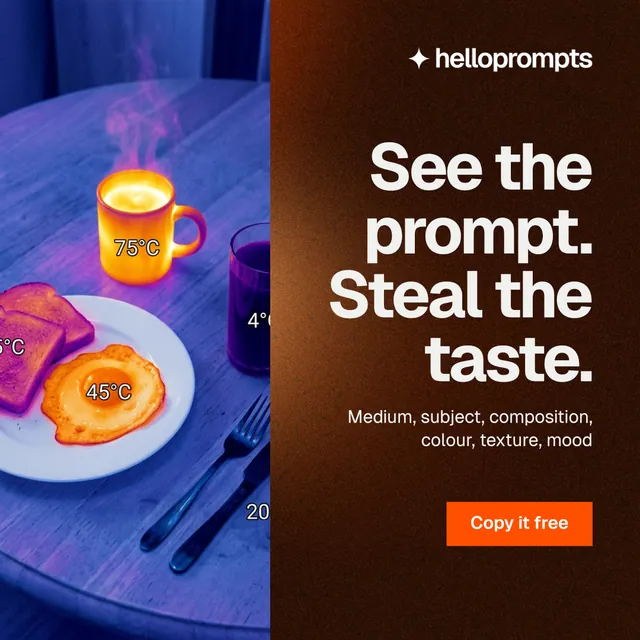 Instagram post for HelloPrompts: "See the prompt. Steal the taste." Swiss style, right layout, dark palette in black, purple, grey.