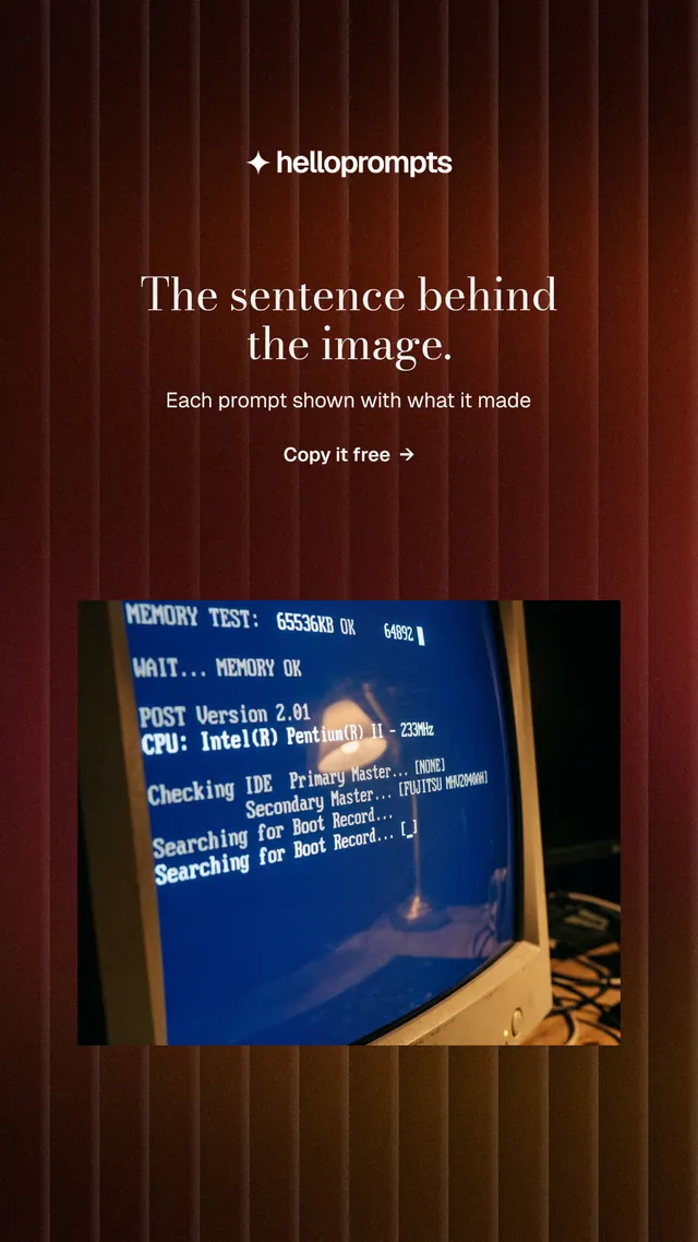Instagram story for HelloPrompts: "The sentence behind the image." Minimal luxury style, centred layout, dark palette in red, black, blue.