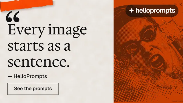 Landscape graphic for HelloPrompts: "Prompts that show their work." Editorial style, quote layout, light palette in orange, white, brown.
