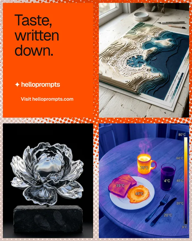 Instagram portrait post for HelloPrompts: "Taste, written down." Swiss style, collage layout, dark palette in red, black, grey.