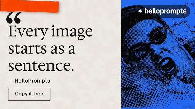Landscape graphic for HelloPrompts: "See the prompt. Steal the taste." Editorial style, quote layout, light palette in orange, blue, white.