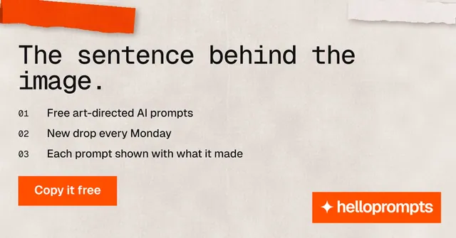 Social ad for HelloPrompts: "The sentence behind the image." Swiss style, numbered layout, light palette in orange.