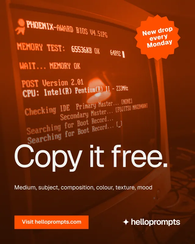 Instagram portrait post for HelloPrompts: "Copy it free." Swiss style, sticker layout, dark palette in orange, brown.