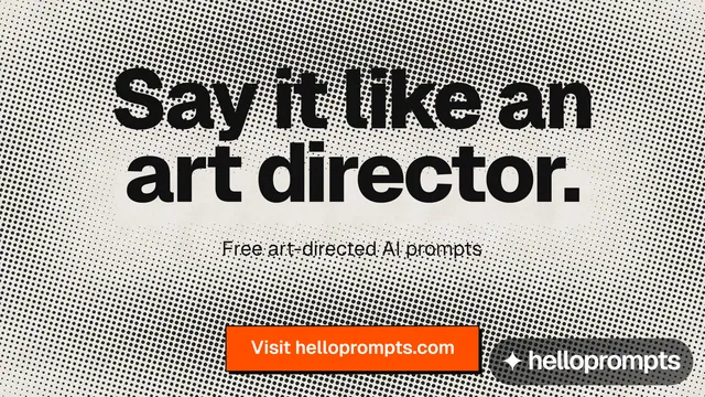 Landscape graphic for HelloPrompts: "Say it like an art director." Brutalist style, centred layout, light palette in grey, orange, white.