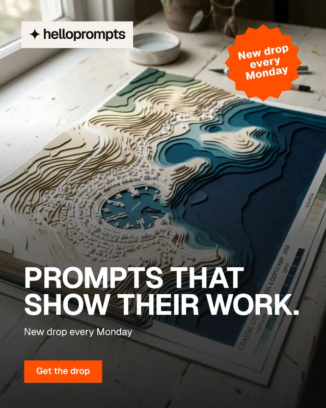 Instagram portrait post for HelloPrompts: "Prompts that show their work." Swiss style, sticker layout, dark palette in blue, grey, orange.