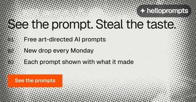 Social ad for HelloPrompts: "See the prompt. Steal the taste." Swiss style, numbered layout, light palette in white, grey.