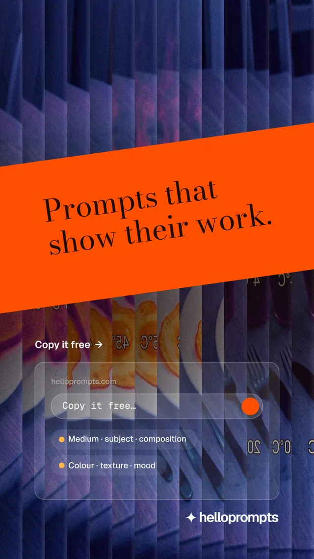 Instagram story for HelloPrompts: "Prompts that show their work." Minimal luxury style, diagonal layout, dark palette in purple, blue, grey.