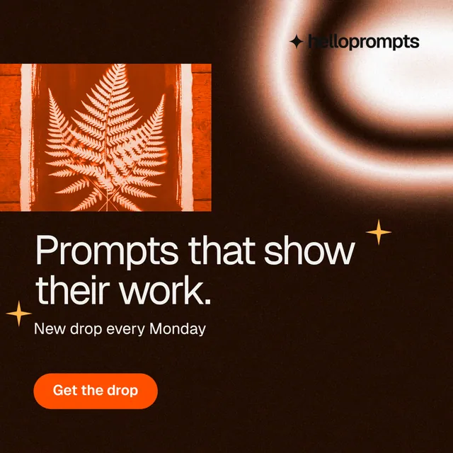Instagram post for HelloPrompts: "Prompts that show their work." Y2K style, skeleton layout, dark palette in black, orange.