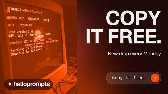 Landscape graphic for HelloPrompts: "Copy it free." Agentic glass style, right layout, dark palette in black, orange, red.
