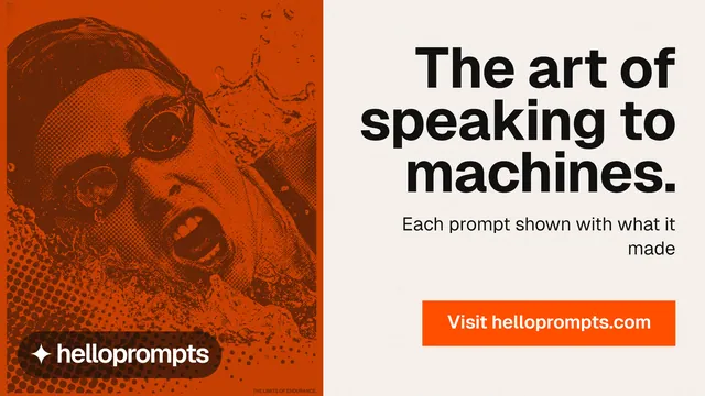 Landscape graphic for HelloPrompts: "The art of speaking to machines." Swiss style, right layout, light palette in white, orange.