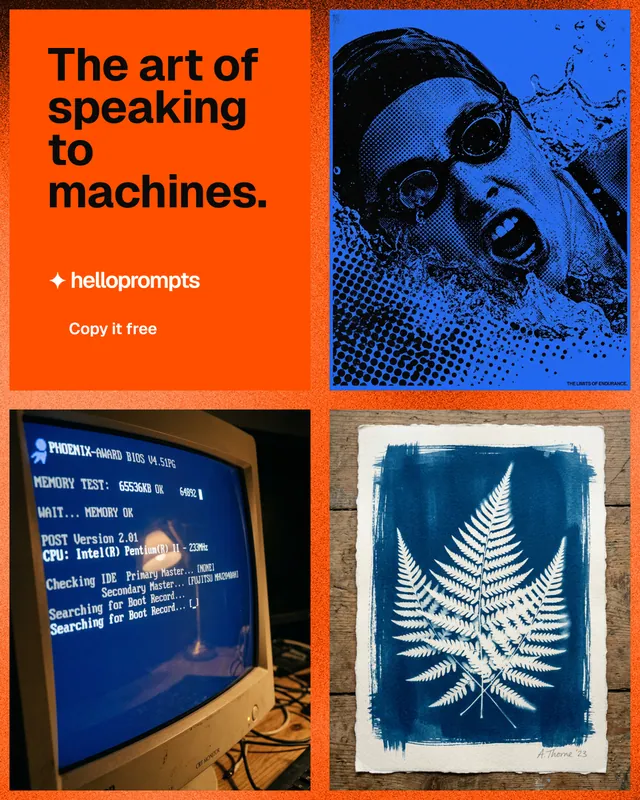 Instagram portrait post for HelloPrompts: "The art of speaking to machines." Swiss style, collage layout, dark palette in blue, red, grey.