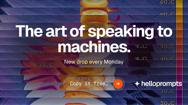 Landscape graphic for HelloPrompts: "The art of speaking to machines." Agentic glass style, centred layout, dark palette in grey, blue, pink.
