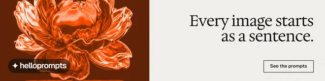 LinkedIn banner for HelloPrompts: "Every image starts as a sentence." Editorial style, right layout, light palette in white, orange.
