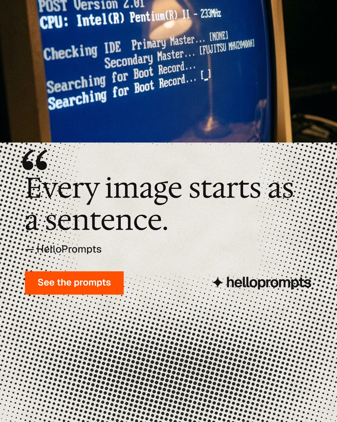 Instagram portrait post for HelloPrompts: "Copy it free." Swiss style, quote layout, light palette in grey, blue, yellow.
