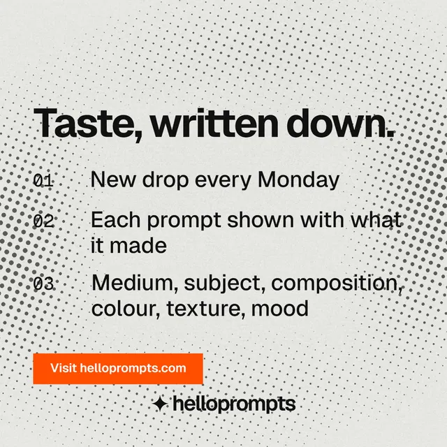 Instagram post for HelloPrompts: "Taste, written down." Split block style, numbered layout, light palette in white, grey.