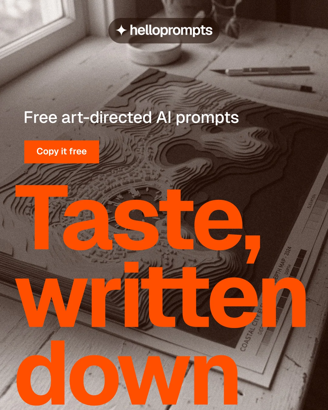 Instagram portrait post for HelloPrompts: "The sentence behind the image." Swiss style, oversized layout, dark palette in orange, brown, grey.