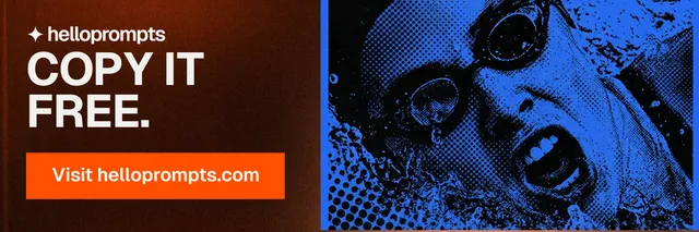 X header for HelloPrompts: "Copy it free." Swiss style, skeleton layout, dark palette in orange, blue, black.