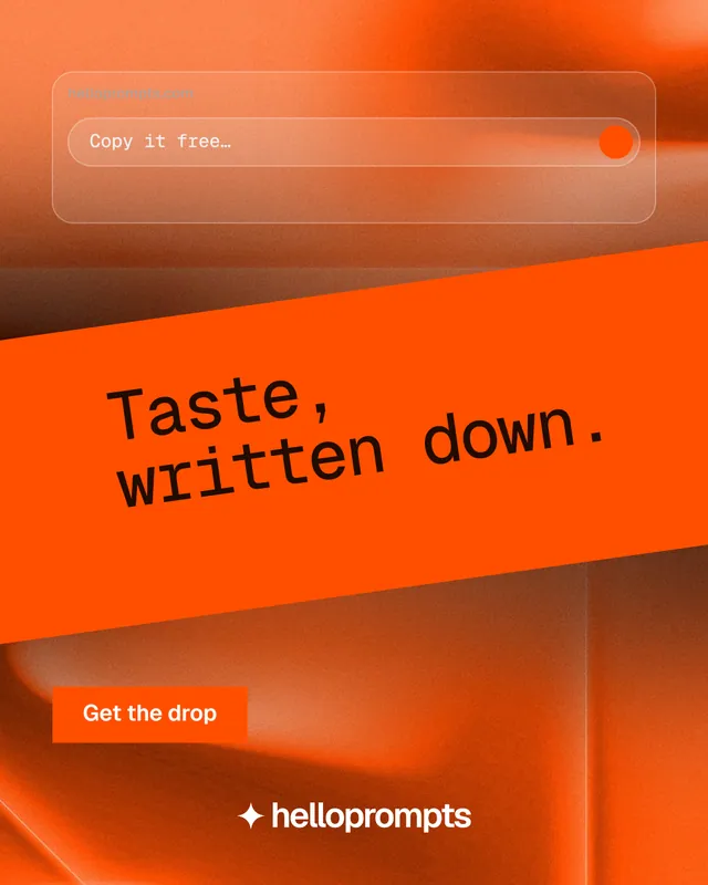 Instagram portrait post for HelloPrompts: "Taste, written down." Swiss style, diagonal layout, dark palette in orange.
