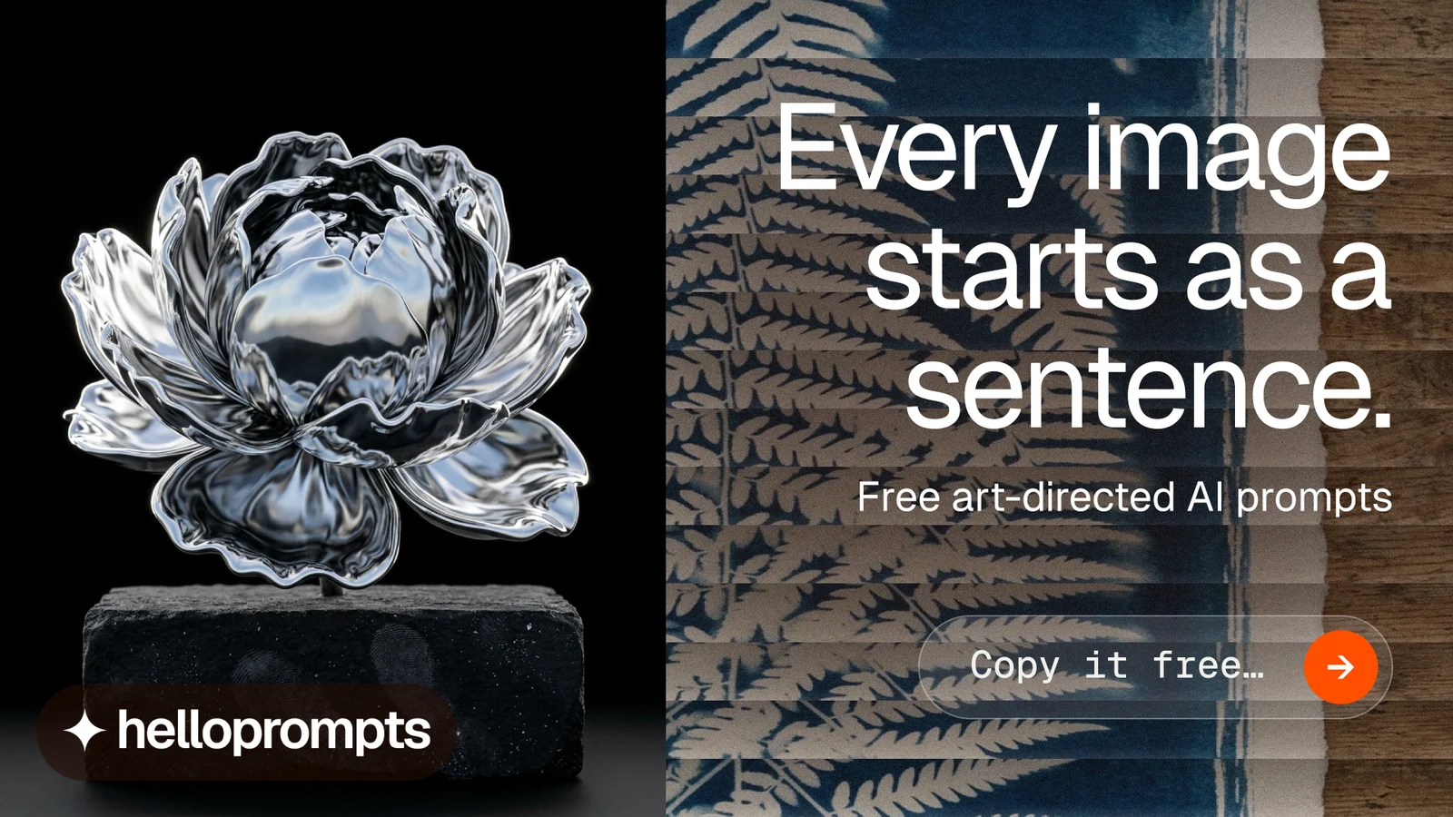 Landscape graphic for HelloPrompts: "Every image starts as a sentence." Agentic glass style, right layout, dark palette in black, grey.