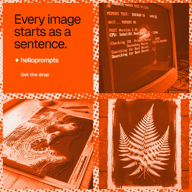 Instagram post for HelloPrompts: "Every image starts as a sentence." Retro print style, collage layout, light palette in orange.