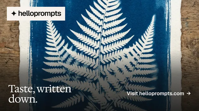 Landscape graphic for HelloPrompts: "Taste, written down." Editorial style, image led layout, dark palette in grey, blue.