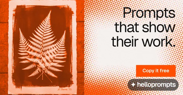 Social ad for HelloPrompts: "Prompts that show their work." Swiss style, right layout, light palette in orange, white, brown.
