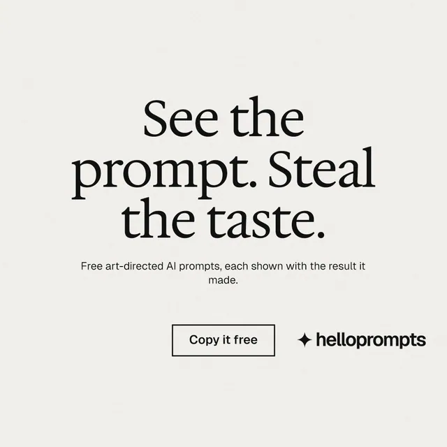 Instagram post for HelloPrompts: "See the prompt. Steal the taste." Editorial style, centred layout, light palette in white, grey.