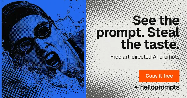 Social ad for HelloPrompts: "See the prompt. Steal the taste." Swiss style, right layout, light palette in blue, white, grey.
