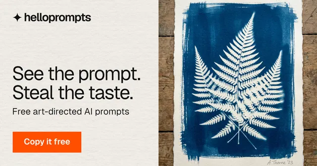 Social ad for HelloPrompts: "See the prompt. Steal the taste." Swiss style, bottom layout, light palette in blue, grey, yellow.