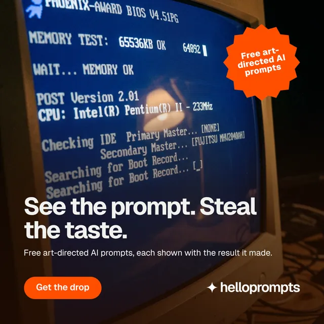 Instagram post for HelloPrompts: "See the prompt. Steal the taste." Photo poster style, sticker layout, dark palette in black, blue, red.