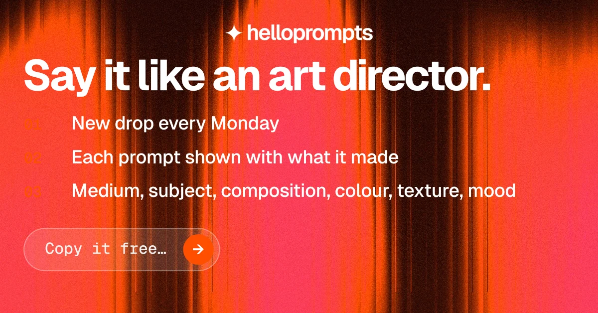 Social ad for HelloPrompts: "Say it like an art director." Agentic glass style, numbered layout, dark palette in red.
