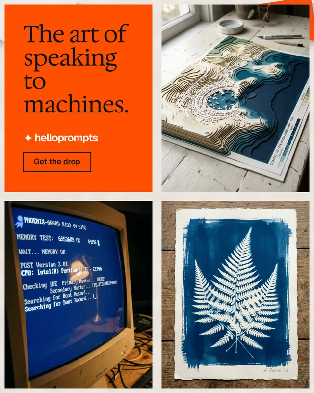 Instagram portrait post for HelloPrompts: "The art of speaking to machines." Editorial style, collage layout, light palette in blue, orange, grey.