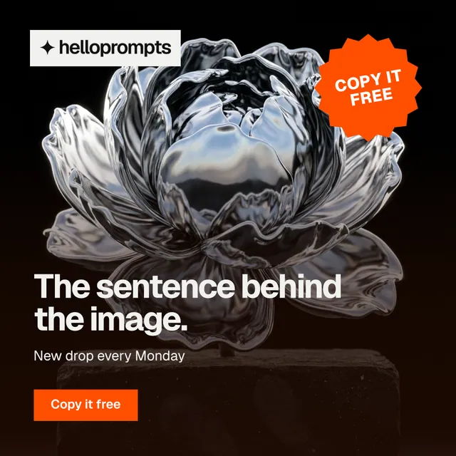 Instagram post for HelloPrompts: "The sentence behind the image." Swiss style, sticker layout, dark palette in orange, grey, black.