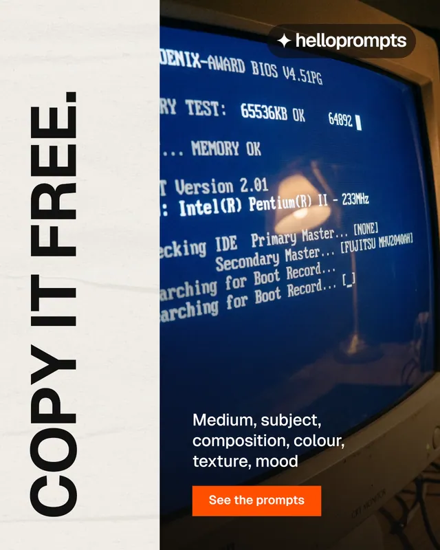 Instagram portrait post for HelloPrompts: "Copy it free." Swiss style, vertical layout, light palette in blue, black, yellow.