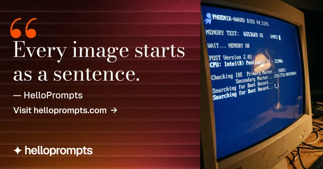 Social ad for HelloPrompts: "Every image starts as a sentence." Minimal luxury style, quote layout, dark palette in red, black, grey.