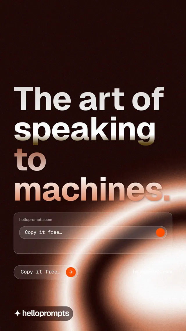 Instagram story for HelloPrompts: "The art of speaking to machines." Agentic glass style, poster layout, dark palette in black, orange, red.