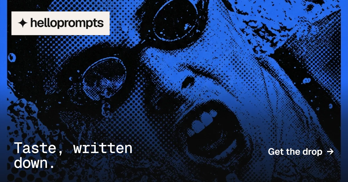 Social ad for HelloPrompts: "Taste, written down." Swiss style, image led layout, dark palette in black, blue.