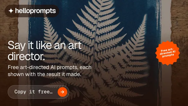 Landscape graphic for HelloPrompts: "Say it like an art director." Agentic glass style, sticker layout, dark palette in orange, blue, grey.