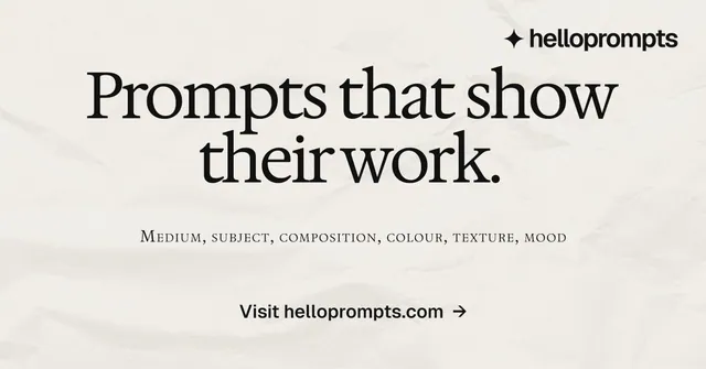 Social ad for HelloPrompts: "Prompts that show their work." Swiss style, smallcaps layout, light palette in yellow, white, grey.