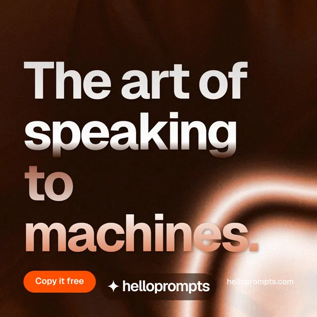 Instagram post for HelloPrompts: "The art of speaking to machines." Y2K style, poster layout, dark palette in black, orange.