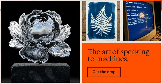 Social ad for HelloPrompts: "The art of speaking to machines." Editorial style, collage layout, dark palette in black, orange, grey.
