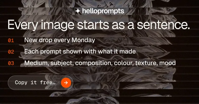 Social ad for HelloPrompts: "Every image starts as a sentence." Agentic glass style, numbered layout, dark palette in black, grey, orange.