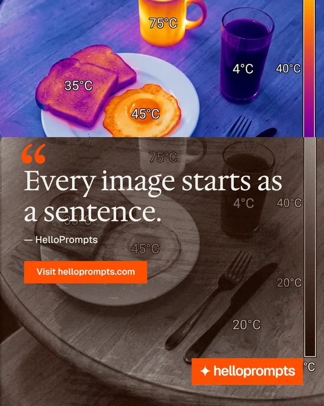 Instagram portrait post for HelloPrompts: "Every image starts as a sentence." Swiss style, quote layout, dark palette in purple, red, grey.