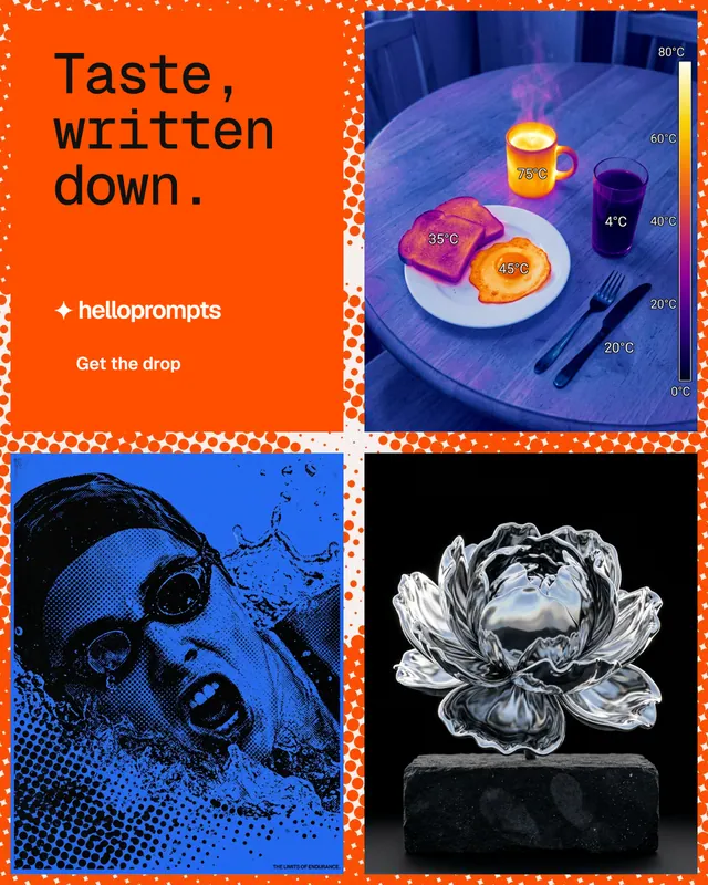 Instagram portrait post for HelloPrompts: "Taste, written down." Swiss style, collage layout, dark palette in red, black, blue.