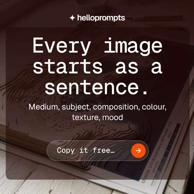 Instagram post for HelloPrompts: "Every image starts as a sentence." Agentic glass style, skeleton layout, dark palette in red, black, grey.