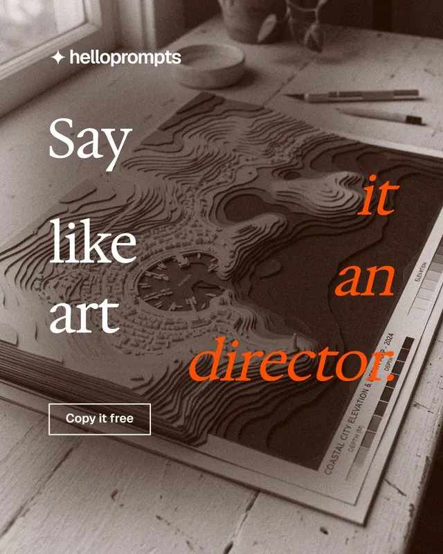 Instagram portrait post for HelloPrompts: "Say it like an art director." Editorial style, stacked layout, dark palette in orange, grey.