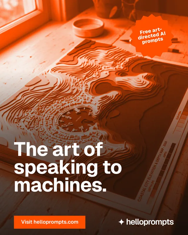 Instagram portrait post for HelloPrompts: "The art of speaking to machines." Swiss style, sticker layout, dark palette in orange.